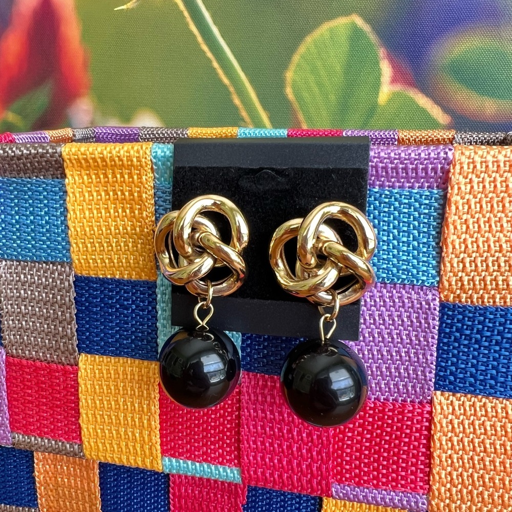 Vintage Gold Tone Knot with Black Beads Earrings